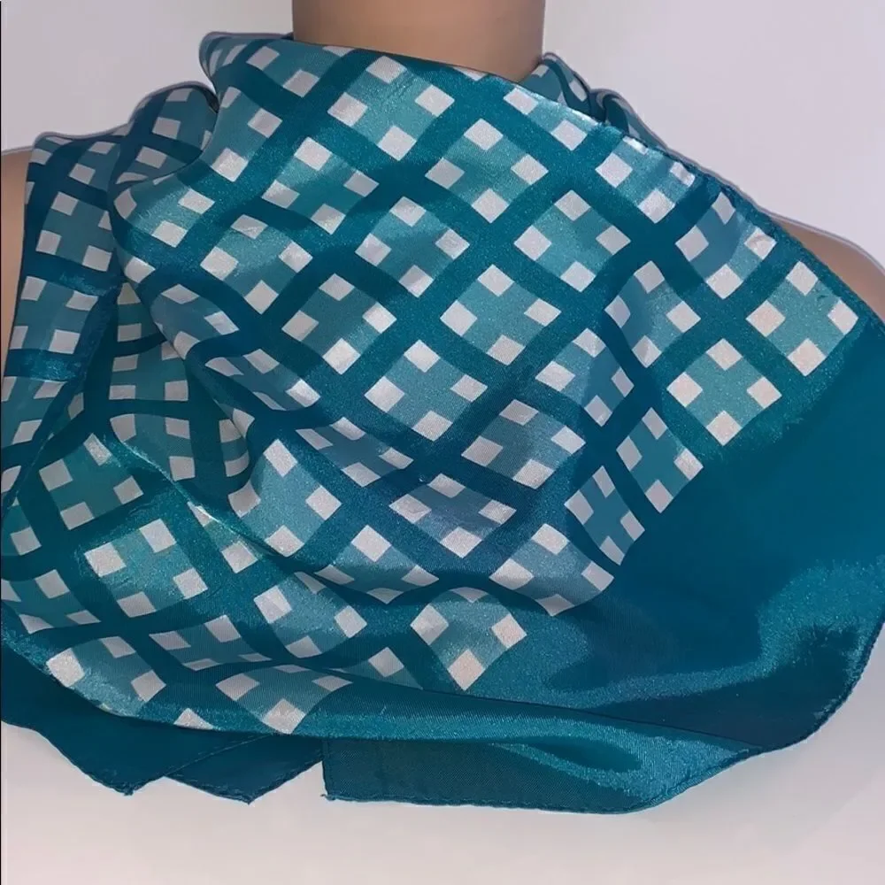 Vintage turquoise acetate plaid Japan made scarf